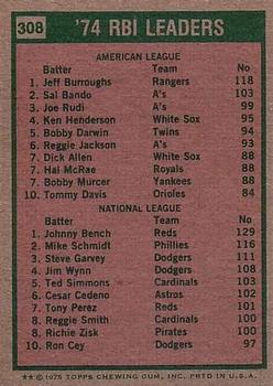1974 RBI Leaders (Jeff Burroughs / Johnny Bench)  baseball card collectible - Main Image 2