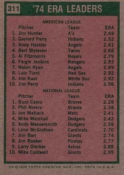 1974 ERA Leaders (Jim Hunter / Buzz Capra)  baseball card collectible - Main Image 2