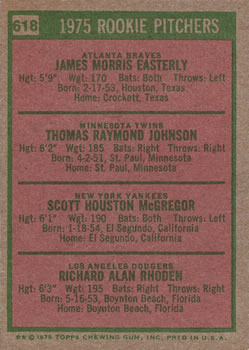 1975 Rookie Pitchers (Jamie Easterly / Tom Johnson / Scott McGregor / Rick Rhoden)  baseball card collectible - Main Image 2