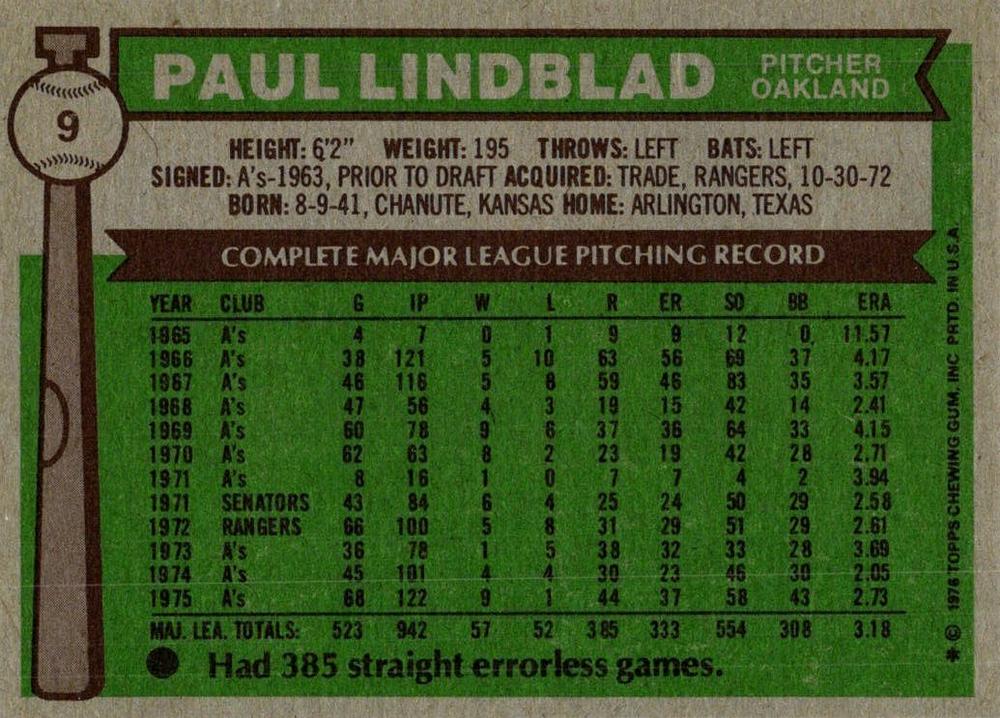 Paul Lindblad  baseball card collectible - Main Image 2