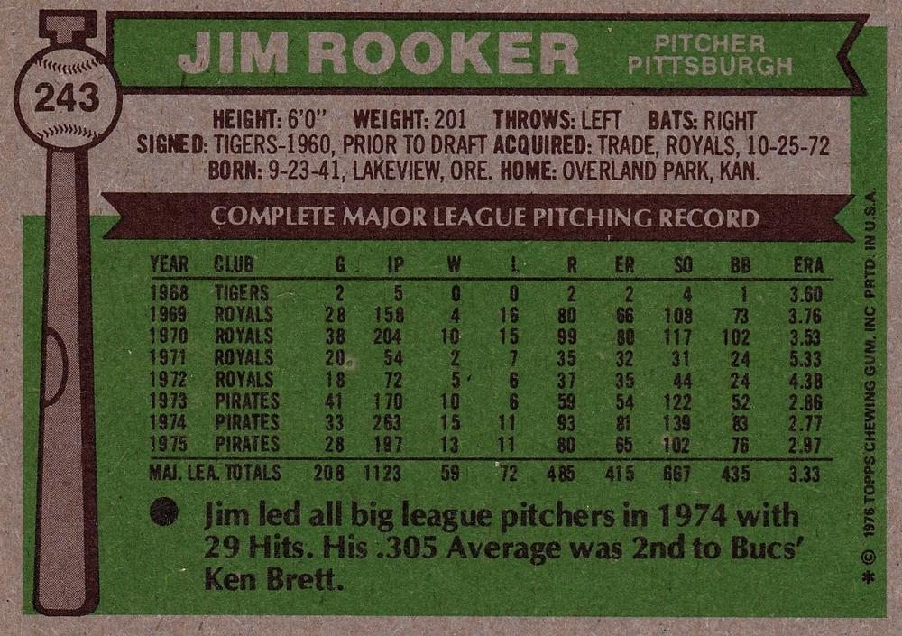 Jim Rooker  baseball card collectible - Main Image 2