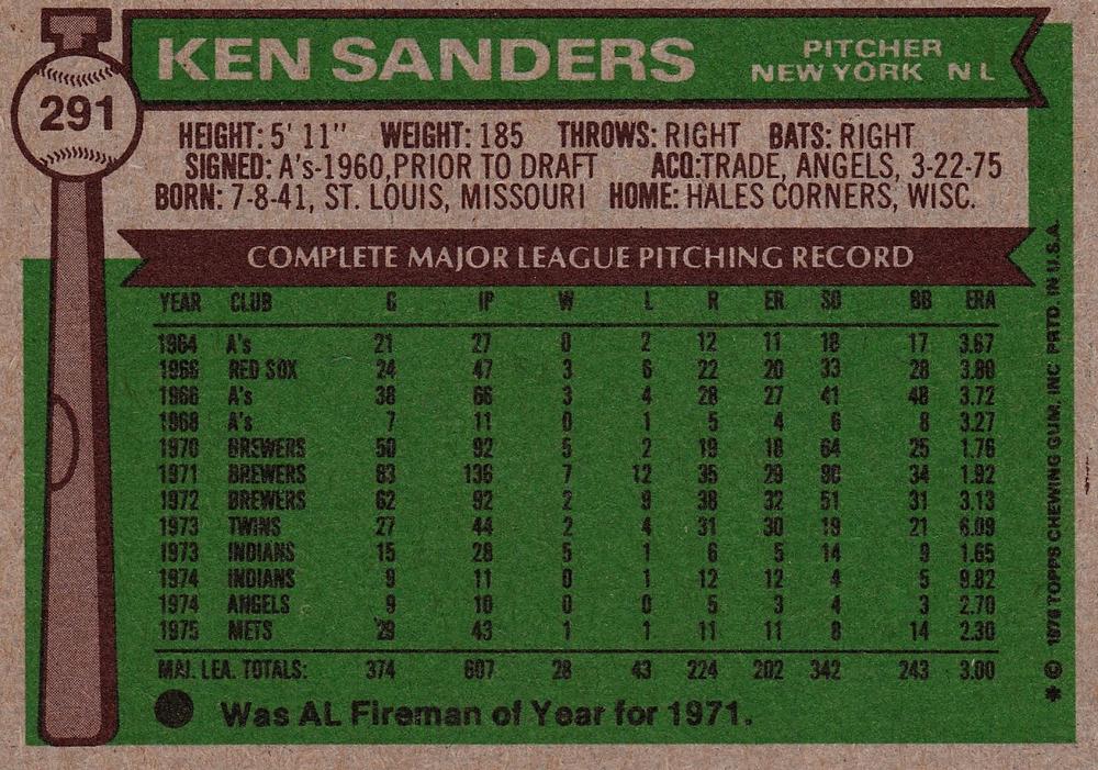 Ken Sanders  baseball card collectible - Main Image 2