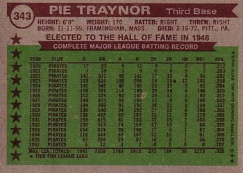 Pie Traynor  baseball card collectible - Main Image 2