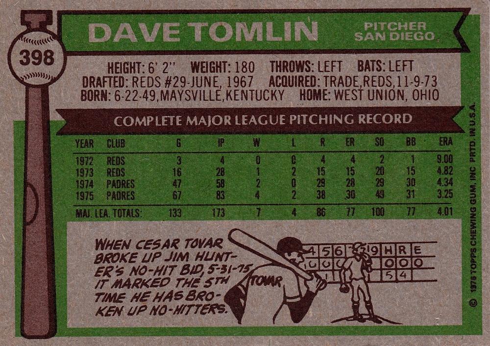 Dave Tomlin  baseball card collectible - Main Image 2
