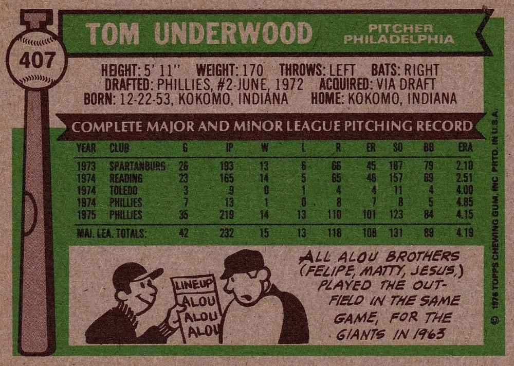 Tom Underwood  baseball card collectible - Main Image 2