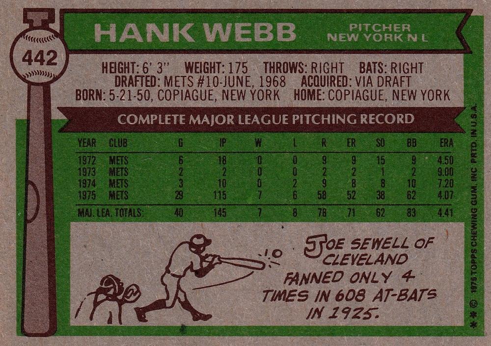 Hank Webb  baseball card collectible - Main Image 2
