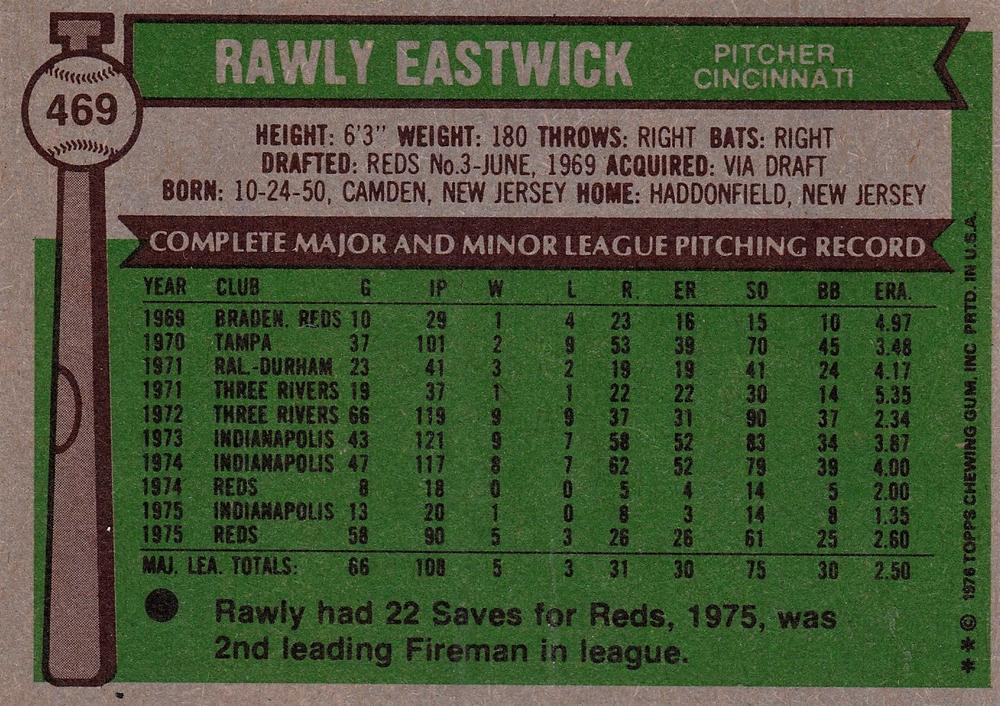 Rawly Eastwick  baseball card collectible - Main Image 2
