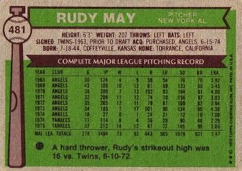 Rudy May  baseball card collectible - Main Image 2