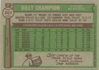 Billy Champion  baseball card collectible - Main Image 2