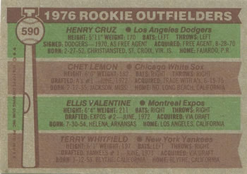 1976 Rookie Outfielders (Henry Cruz / Chet Lemon / Ellis Valentine / Terry Whitfield)  baseball card collectible - Main Image 2