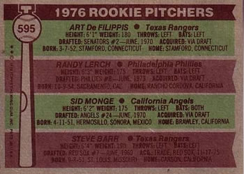 1976 Rookie Pitchers (Art DeFilippis / Randy Lerch / Sid Monge / Steve Barr)  baseball card collectible - Main Image 2