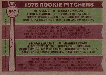1976 Rookie Pitchers (Don Aase / Jack Kucek / Frank LaCorte / Mike Pazik)  baseball card collectible - Main Image 2