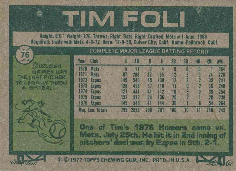 Tim Foli  baseball card collectible - Main Image 2
