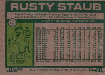 Rusty Staub  baseball card collectible - Main Image 2