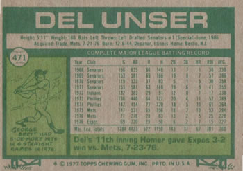 Del Unser  baseball card collectible - Main Image 2