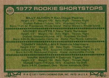1977 Rookie Shortstops (Billy Almon / Mickey Klutts / Tommy McMillan / Mark Wagner)  baseball card collectible - Main Image 2
