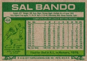 Sal Bando  baseball card collectible - Main Image 2