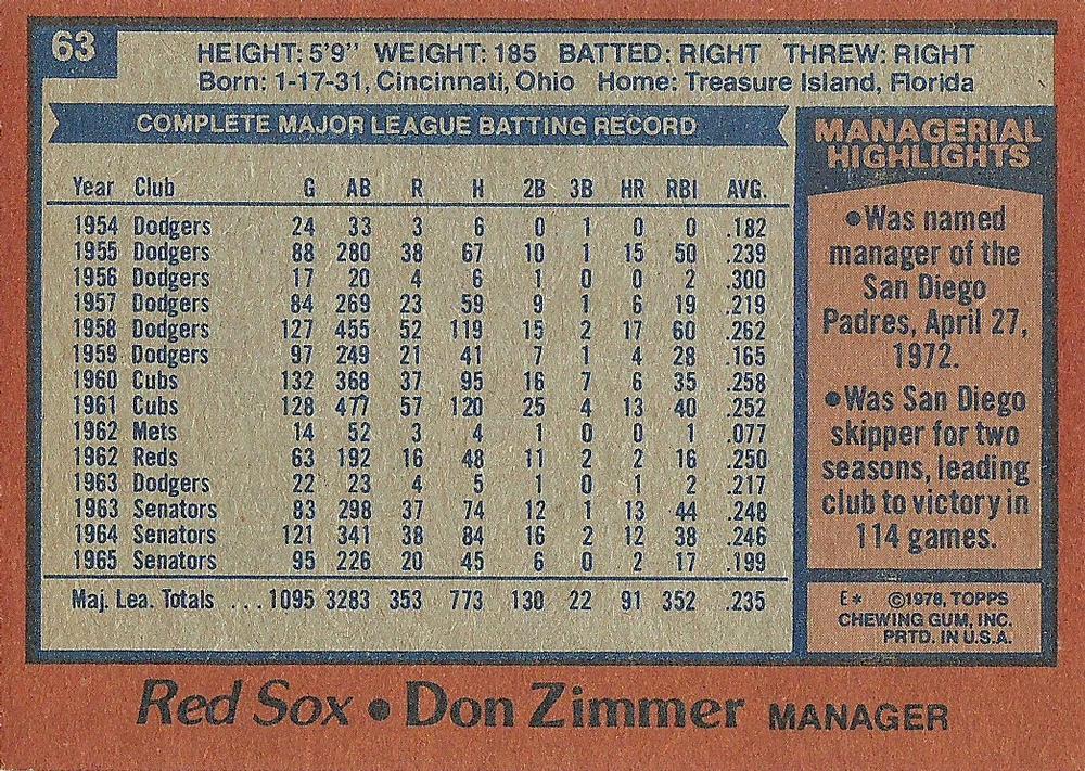 Don Zimmer  baseball card collectible - Main Image 2
