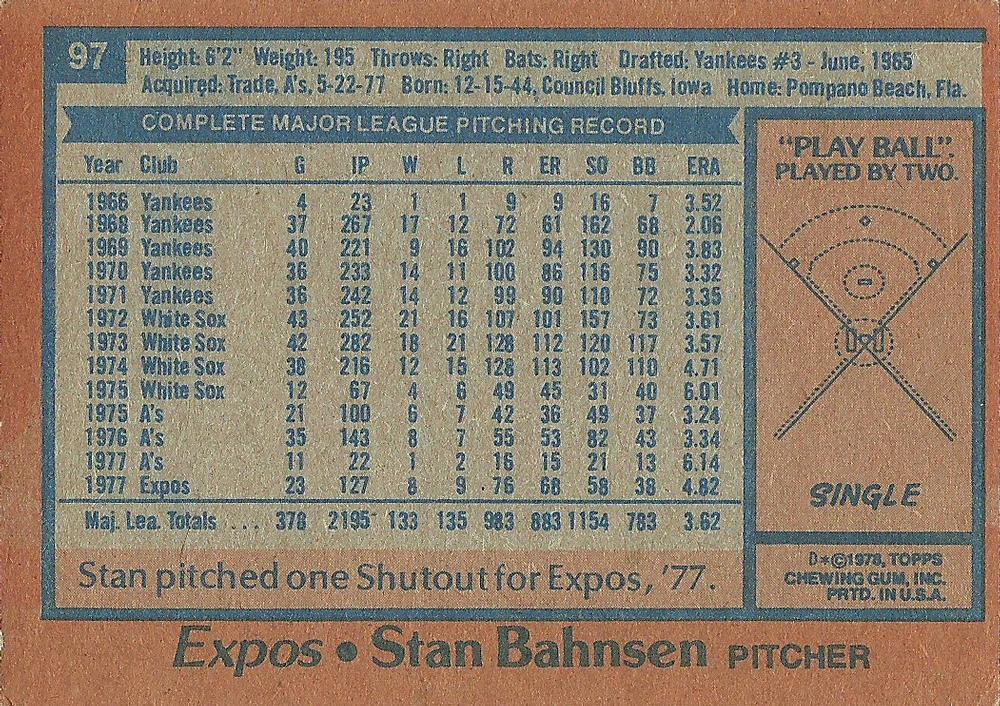Stan Bahnsen  baseball card collectible - Main Image 2