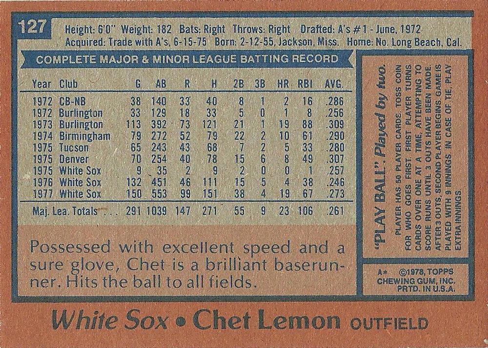 Chet Lemon  baseball card collectible - Main Image 2
