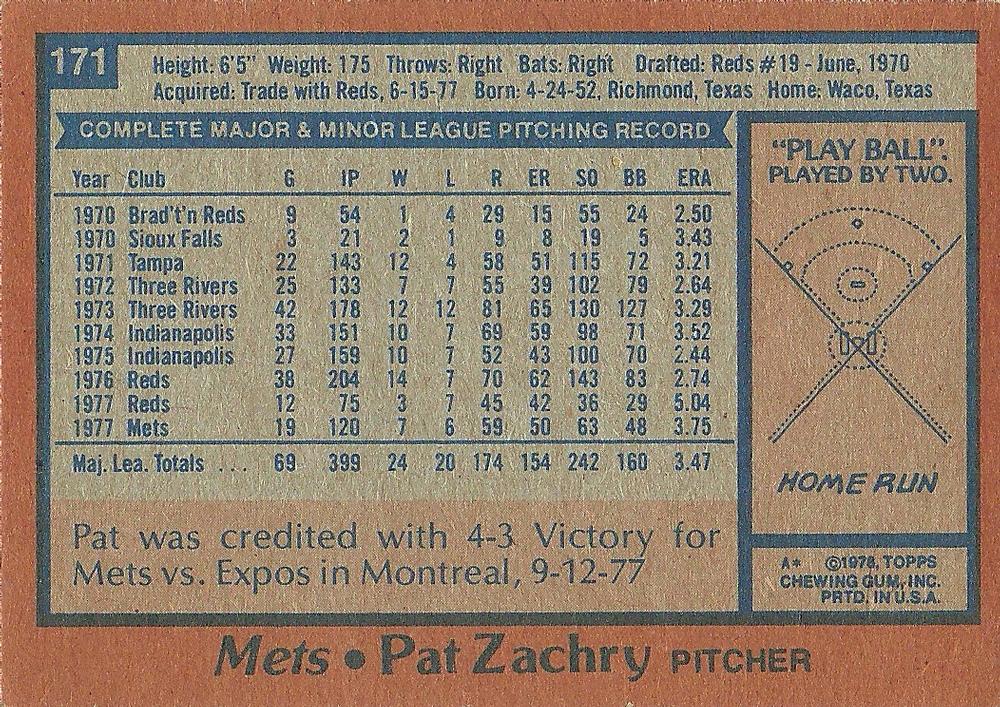 Pat Zachry  baseball card collectible - Main Image 2