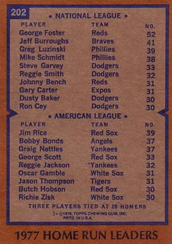 1977 Home Run Leaders (George Foster / Jim Rice)  baseball card collectible - Main Image 2