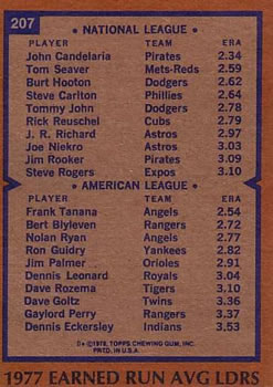 1977 ERA Leaders (John Candelaria / Frank Tanana)  baseball card collectible - Main Image 2