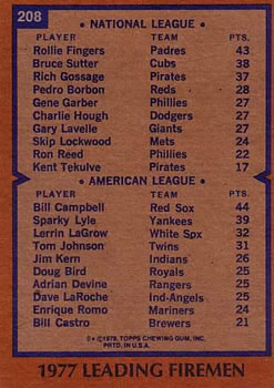 1977 Leading Firemen (Rollie Fingers / Bill Campbell)  baseball card collectible - Main Image 2