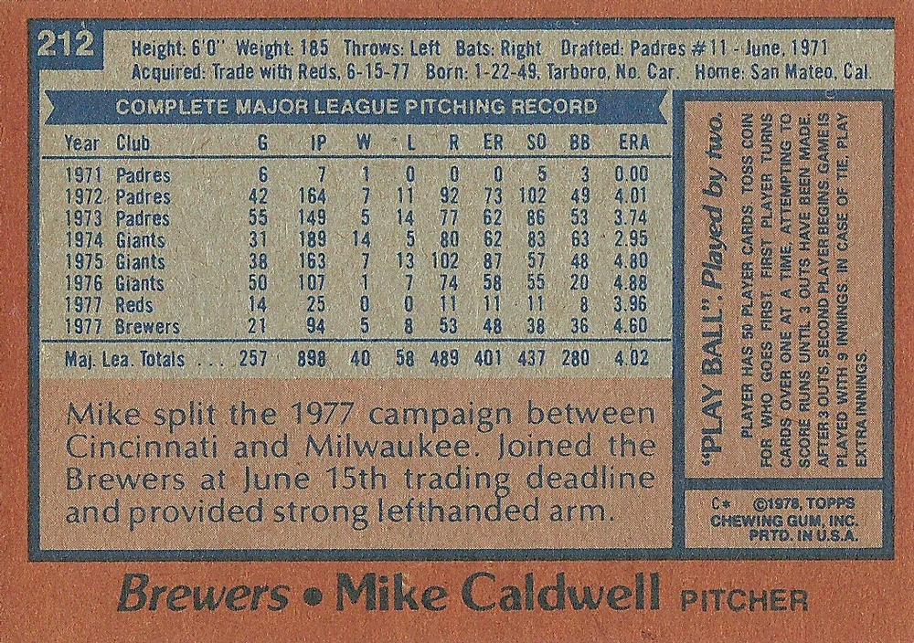 Mike Caldwell  baseball card collectible - Main Image 2