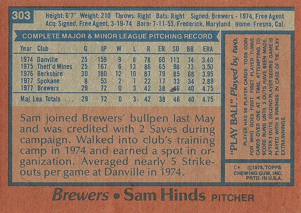 Sam Hinds  baseball card collectible - Main Image 2