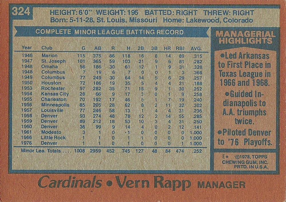 Vern Rapp  baseball card collectible - Main Image 2