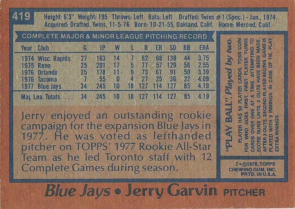 Jerry Garvin  baseball card collectible - Main Image 2