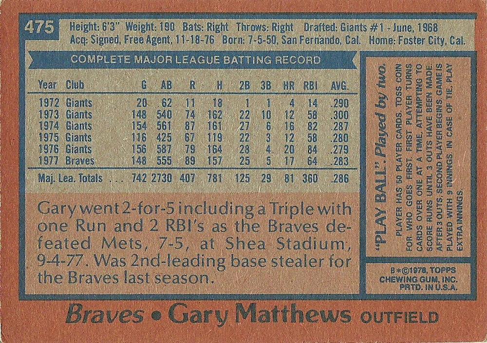 Gary Matthews  baseball card collectible - Main Image 2