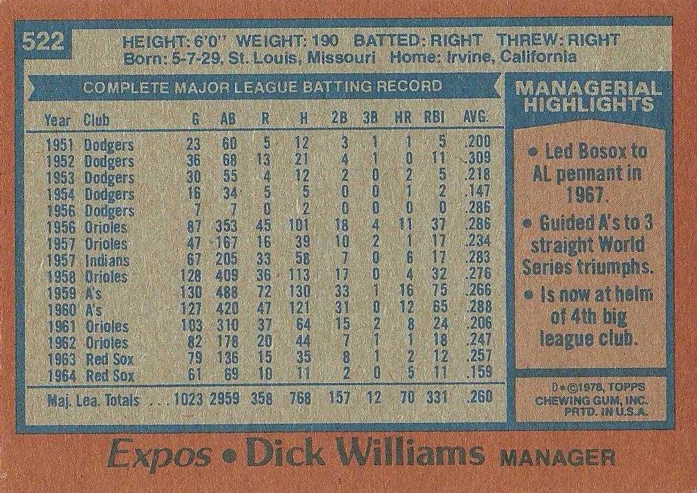 Dick Williams  baseball card collectible - Main Image 2