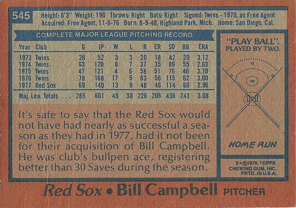 Bill Campbell  baseball card collectible - Main Image 2