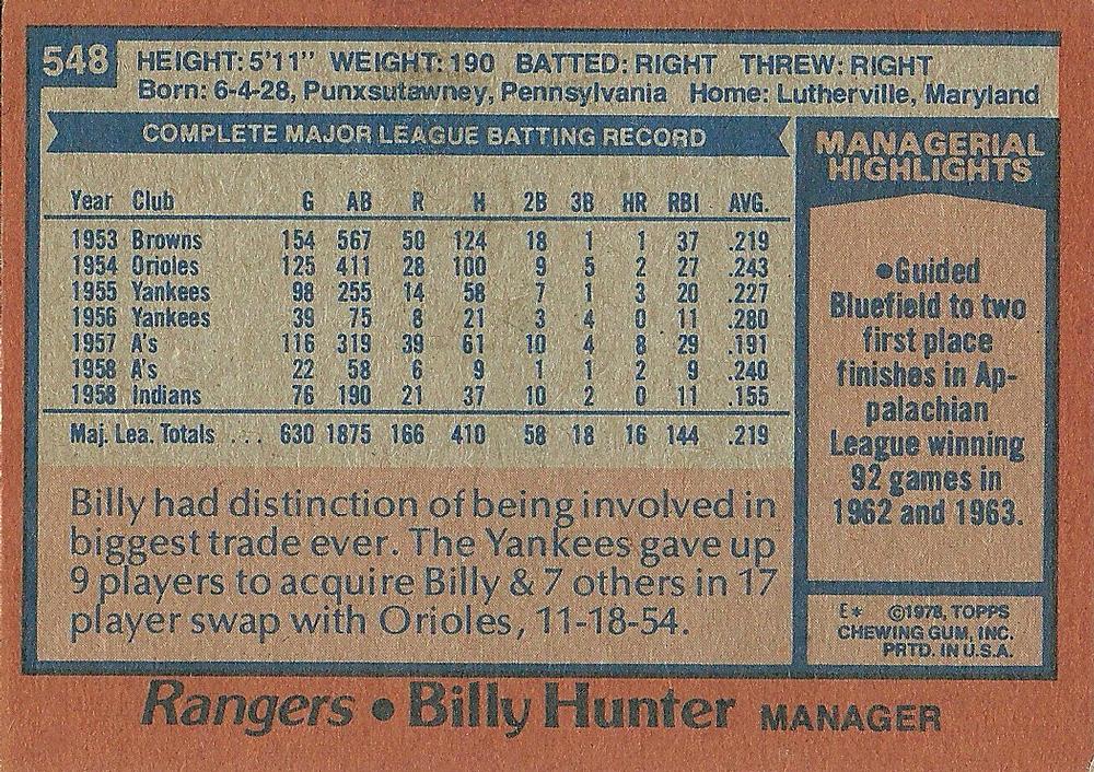 Billy Hunter  baseball card collectible - Main Image 2