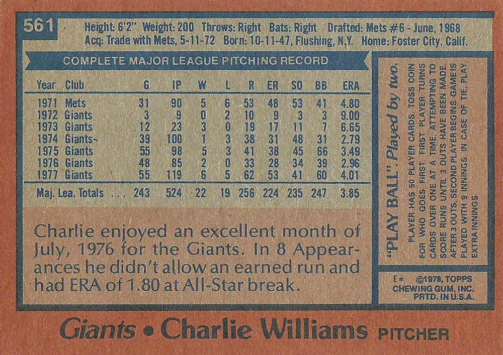 Charlie Williams  baseball card collectible - Main Image 2