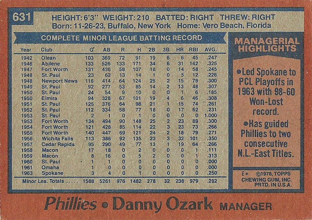 Danny Ozark  baseball card collectible - Main Image 2