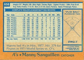 Manny Sanguillen  baseball card collectible - Main Image 2