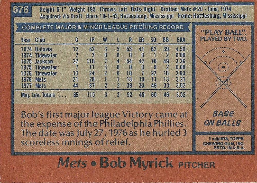Bob Myrick  baseball card collectible - Main Image 2
