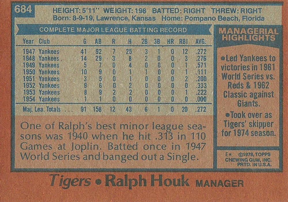 Ralph Houk  baseball card collectible - Main Image 2