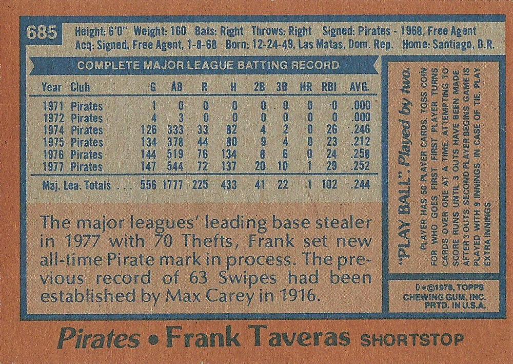 Frank Taveras  baseball card collectible - Main Image 2