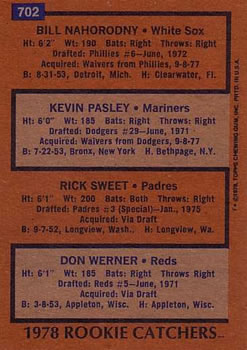 1978 Rookie Catchers (Bill Nahorodny / Kevin Pasley / Rick Sweet / Don Werner)  baseball card collectible - Main Image 2