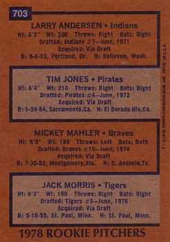 1978 Rookie Pitchers (Larry Andersen / Tim Jones / Mickey Mahler / Jack Morris)  baseball card collectible - Main Image 2