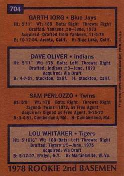 1978 Rookie Second Basemen (Garth Iorg / Dave Oliver / Sam Perlozzo / Lou Whitaker)  baseball card collectible - Main Image 2