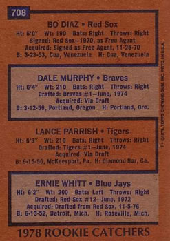 1978 Rookie Catchers (Bo Diaz / Dale Murphy / Lance Parrish / Ernie Whitt)  baseball card collectible - Main Image 2