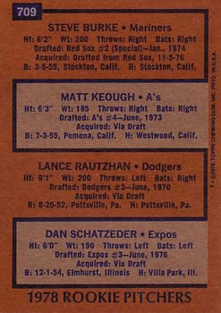 1978 Rookie Pitchers (Steve Burke / Matt Keough / Lance Rautzhan / Dan Schatzeder)  baseball card collectible - Main Image 2