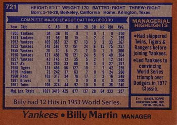 Billy Martin  baseball card collectible - Main Image 2
