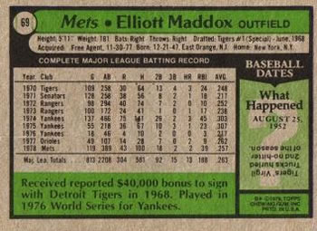 Elliott Maddox  baseball card collectible - Main Image 2