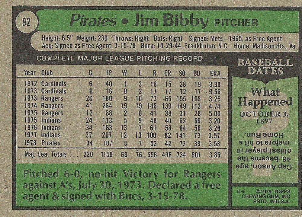 Jim Bibby  baseball card collectible - Main Image 2